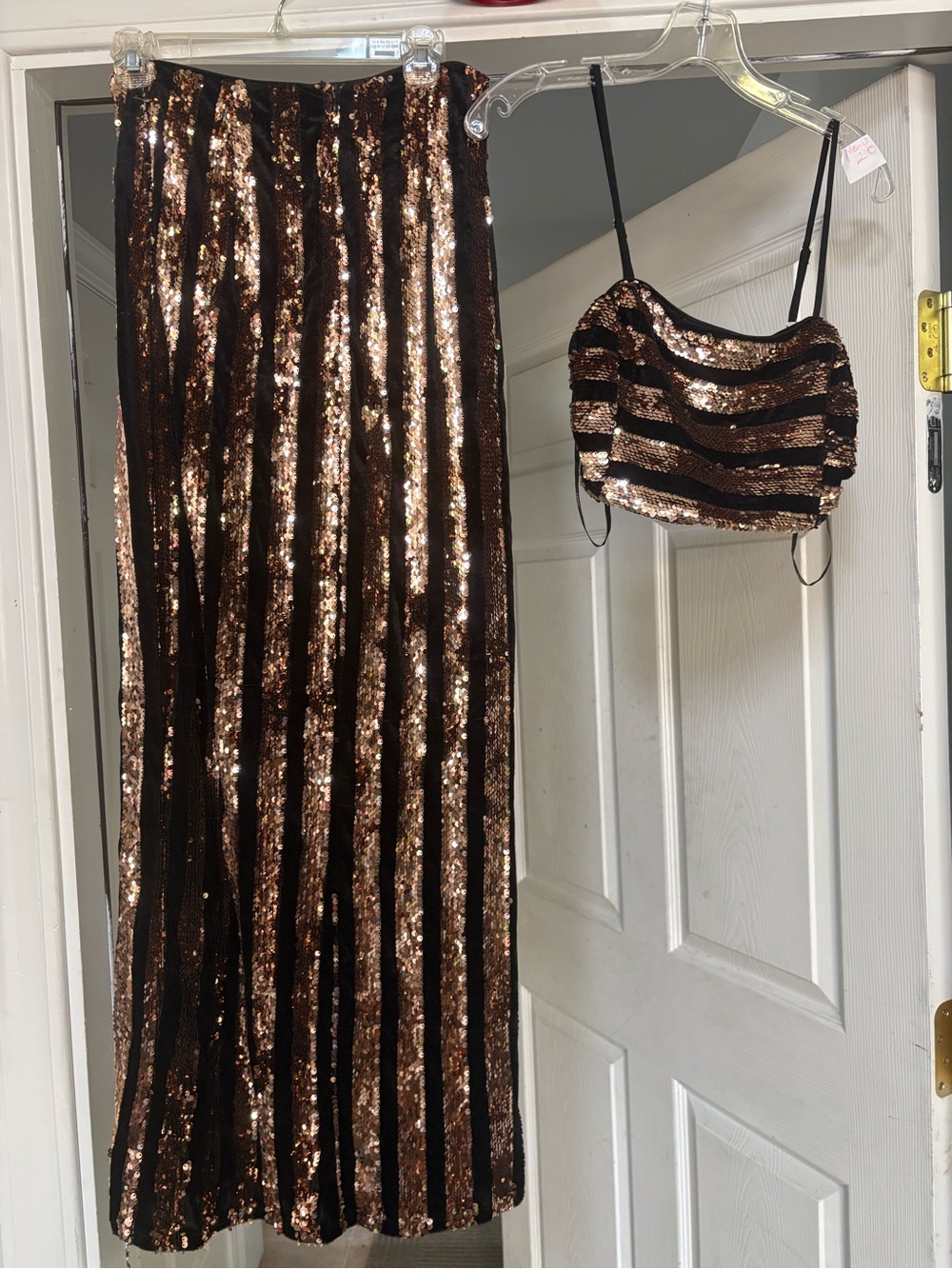 Forever 21 Black and Bronze Sequin Stripe Maxi Skirt with Matching Crop Top